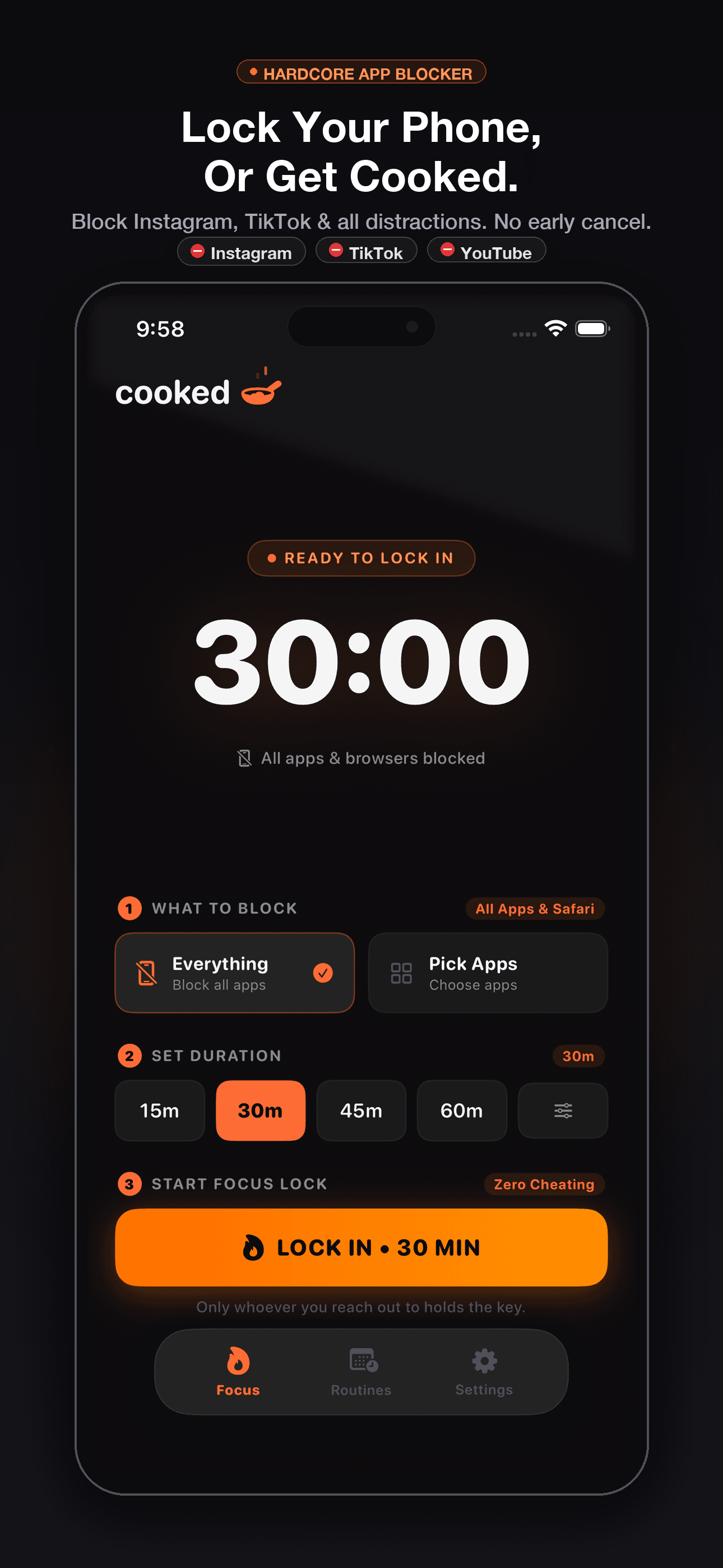 Cooked app screenshot: selecting focus duration and apps to lock