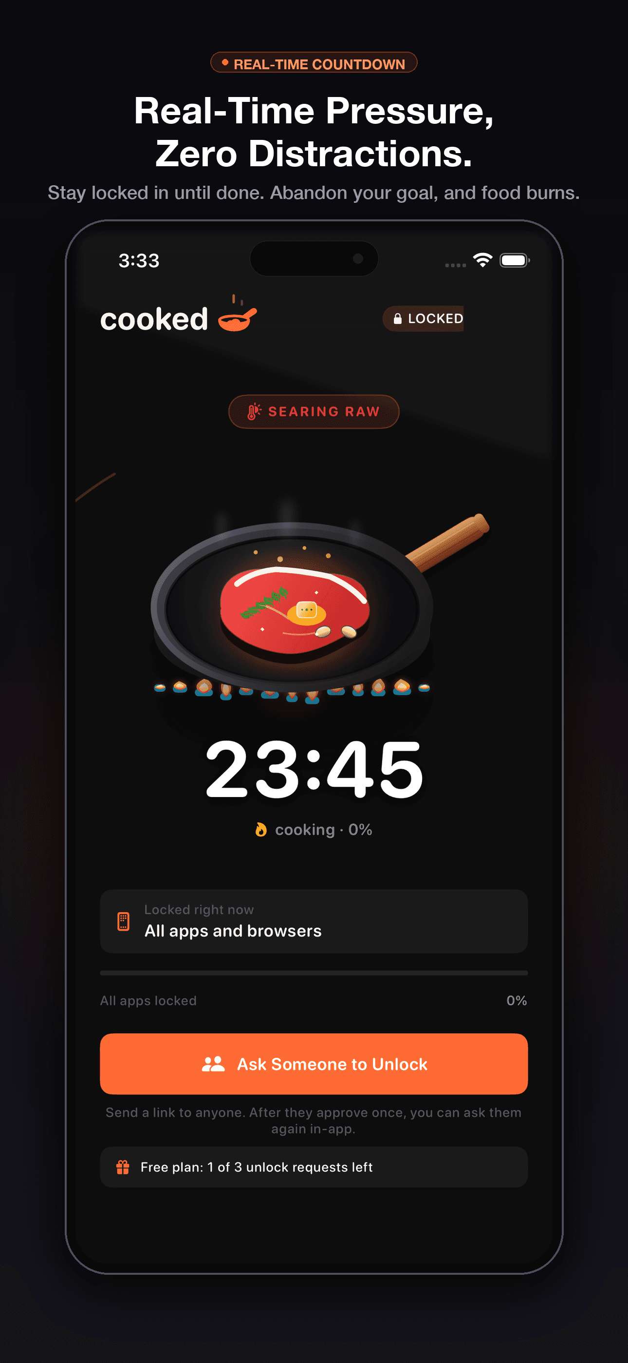 Cooked app screenshot: Live Activity and Dynamic Island lockdown timer