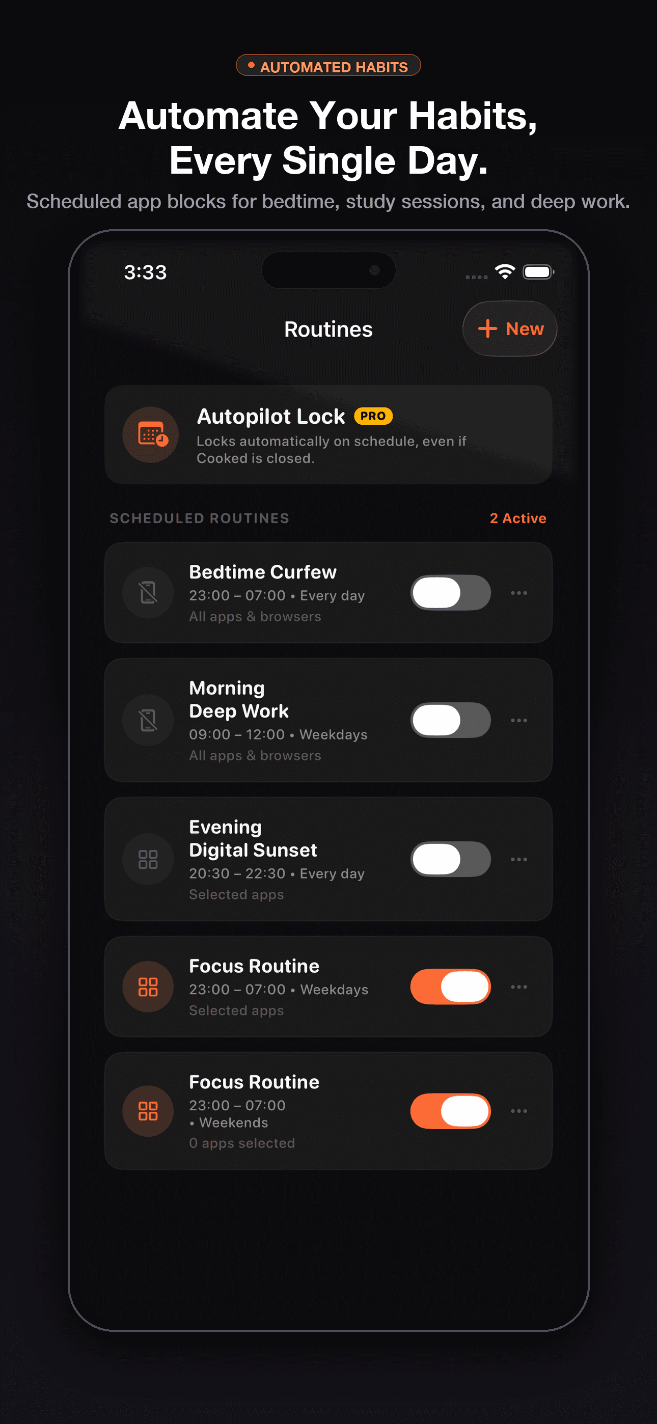 Cooked app screenshot: scheduled focus routines for weekday study blocks